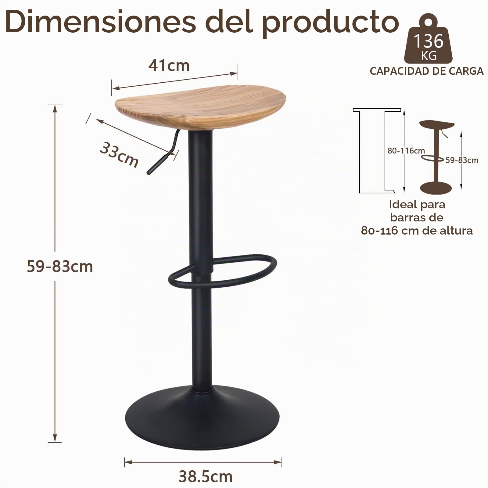 Kidol & Shellder Taburetes de Bar Juego de 2 de Madera Maciza Base Metálica Giratoria Ajustable en Altura Fácil de Montar Moderna Encimera de Cocina Industrial…