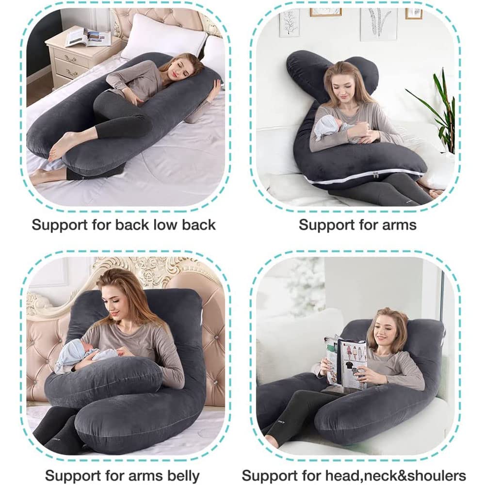 FANSU Coussin de Grossesse en Forme de U, Confort Coussin d'allaitement Doux Oreiller de Grossesse pour Maintenir Hanches, Votre Dos, Jambes et Ventre (150x80cm,Bleu-Gris)