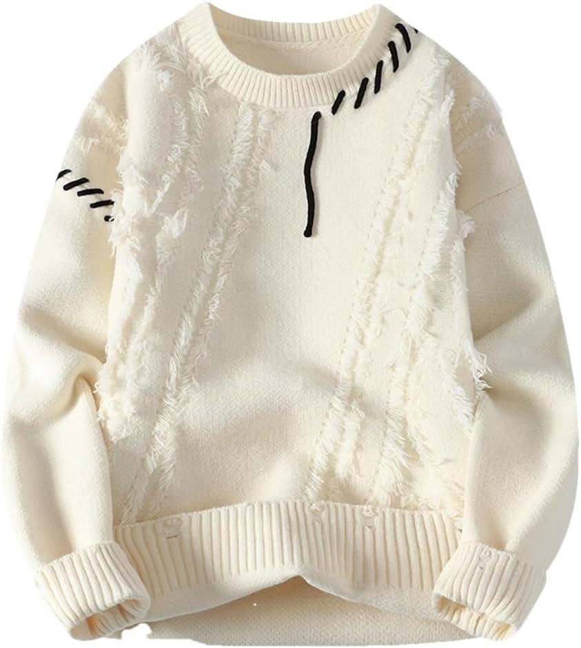 Men's Round Neck Color Blocked Tassel Patchwork Knitted Sweater Solid Color Casual Loose Pullover Sweater