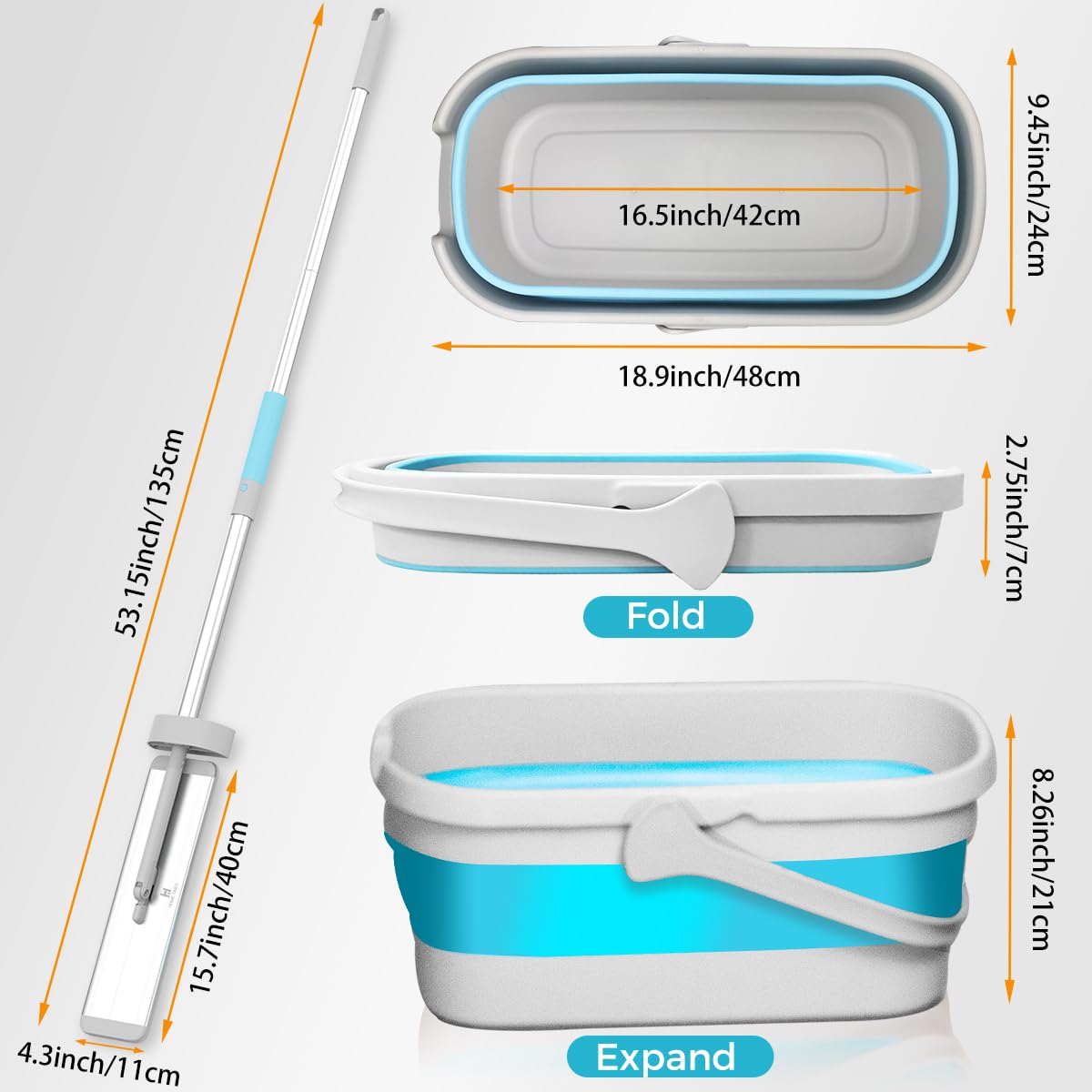 Wischmopp mit faltbarem Eimer Bodenwischer mit Auswringfunktion, Mikrofaser Flachmopp Komplett Set für alle Hartböden