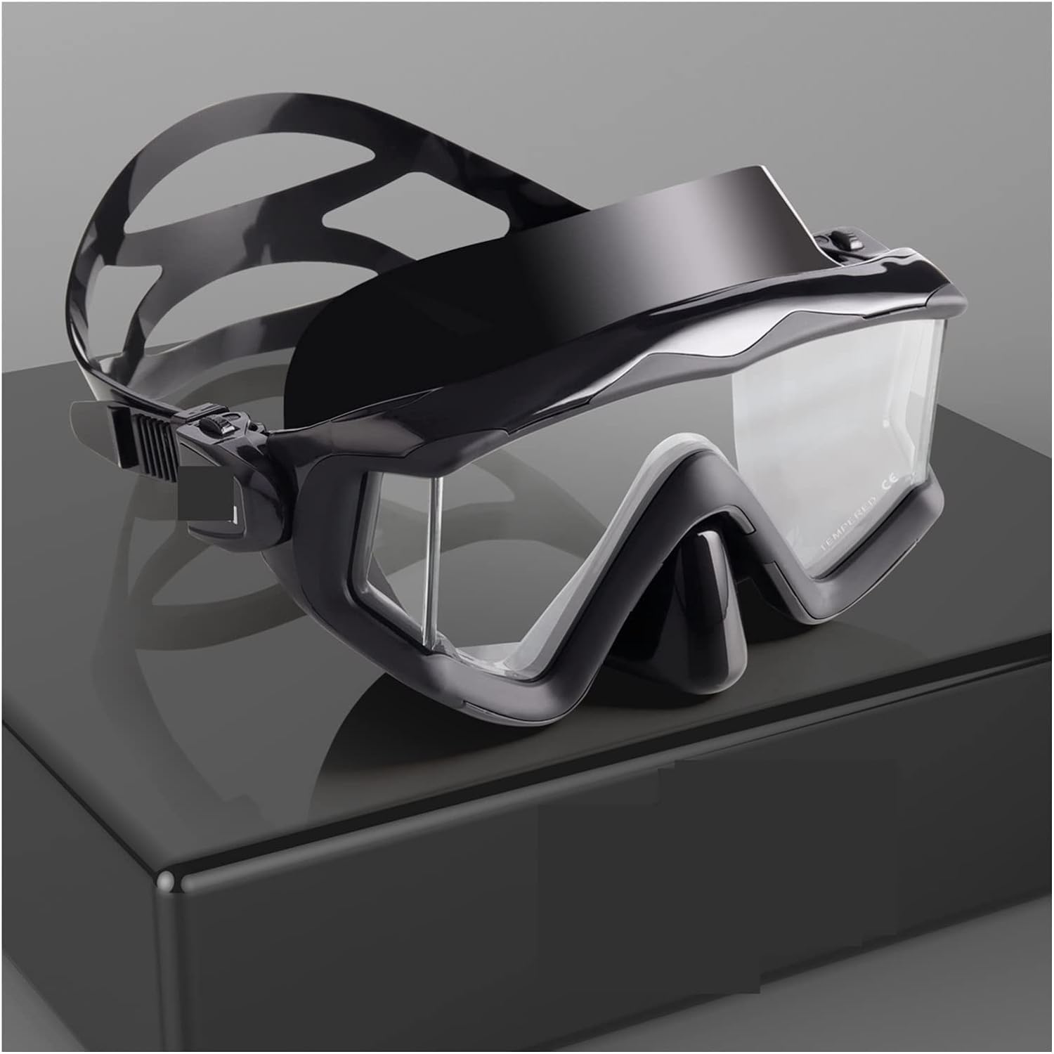 Dive Portable Lungs Tauchmaske für Erwachsene, Panorama-Schnorchel-Tauchmaske aus gehärtetem Glas, Premium-Schwimmbrille mit Nasenschutz, sichereres Schnorcheln(Mattschwarz A)
