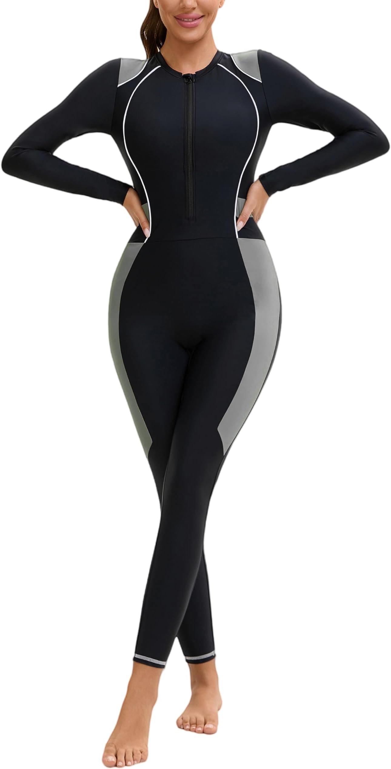 Womens Full Body Rash Guard 50+ UPF Swimsuit Long Sleeve One Piece Bathing Suit with Built in Bra Swimwear