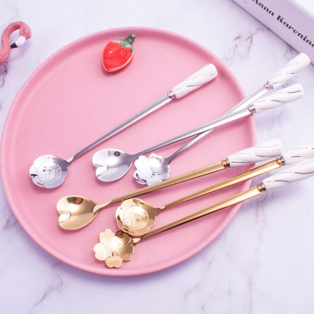 Dinner Spoon Set Stainless Steel Gold Plated Ceramic Handle Long Handled Stirring Rod Spoon Dessert Milk Tea Beverage Milk Coffee Stirring Rod Dinner Spoon/Soup Ladles (Colo