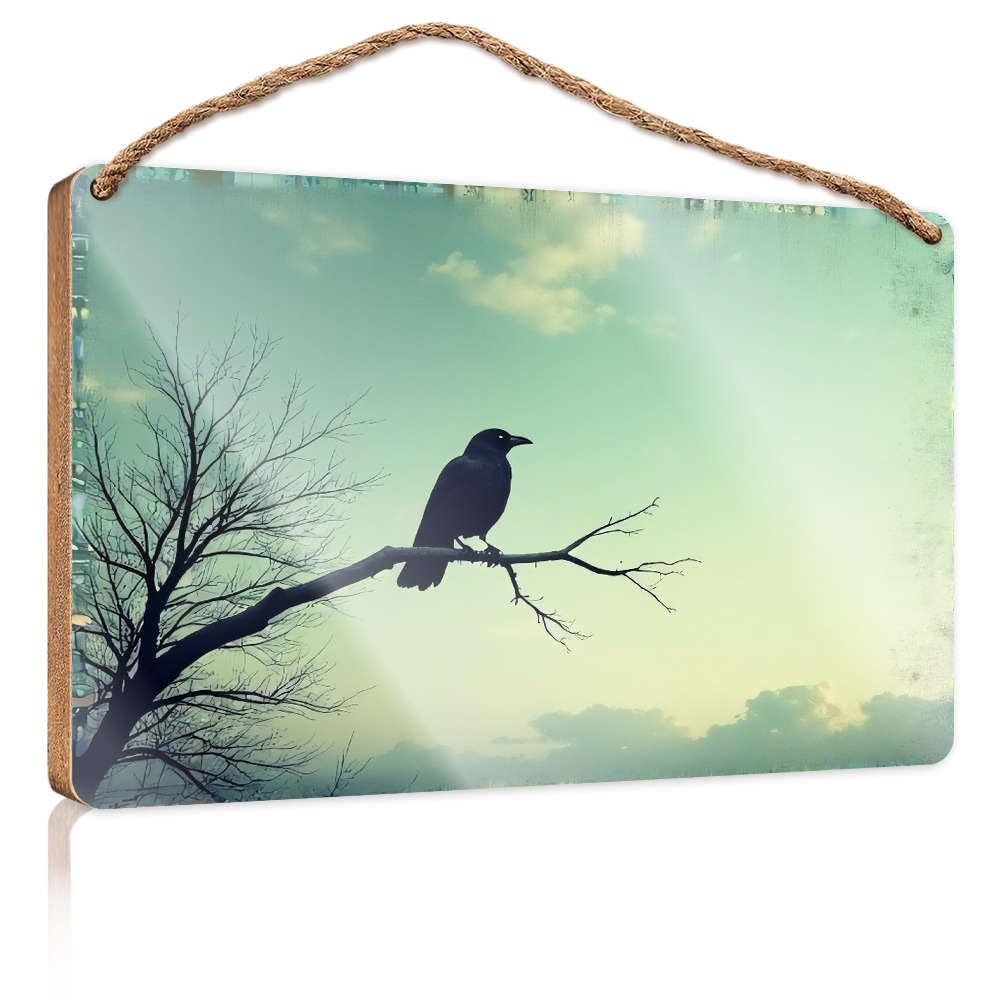 Home Hanging Sign A Crow Perched On A Bare Tree Branch. Small Wooden Signs With Sayings Funky Home Decor(15X28CM)