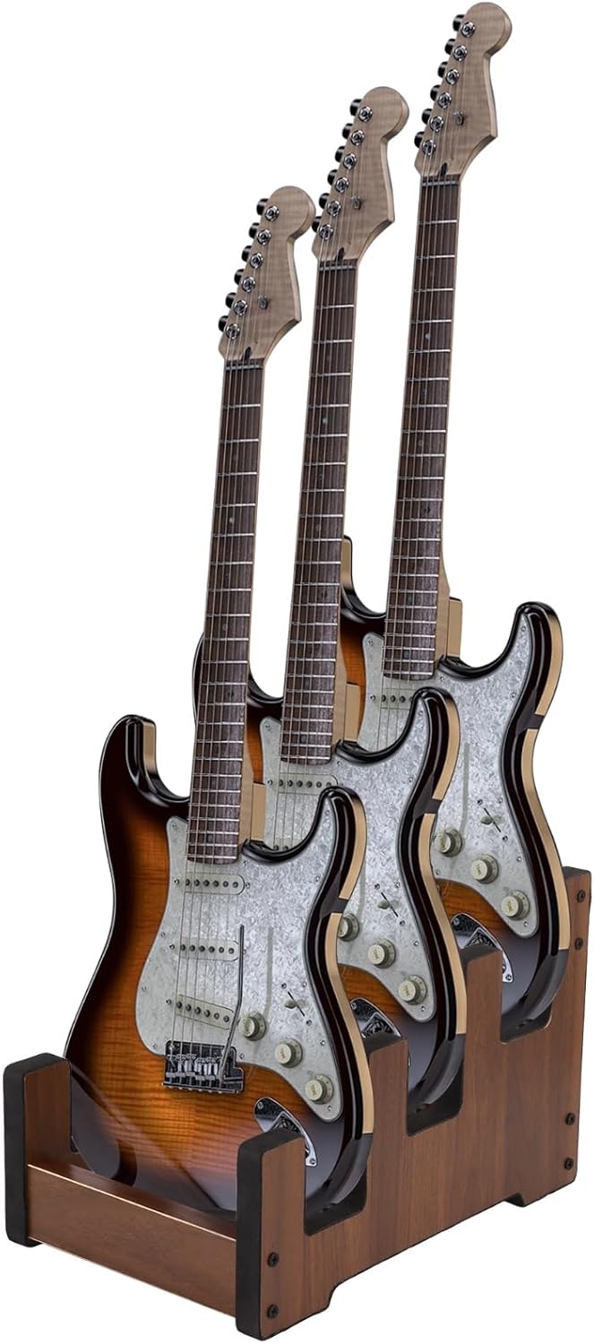 Wood Multi Guitar Stand for 3 Guitars, Space-Saving Guitar Floor Stand, Plywood Guitars Holder Storage Rack, 12.99 x 8.66 x 4.53 in for Bass, Acoustic, Electric Guitars