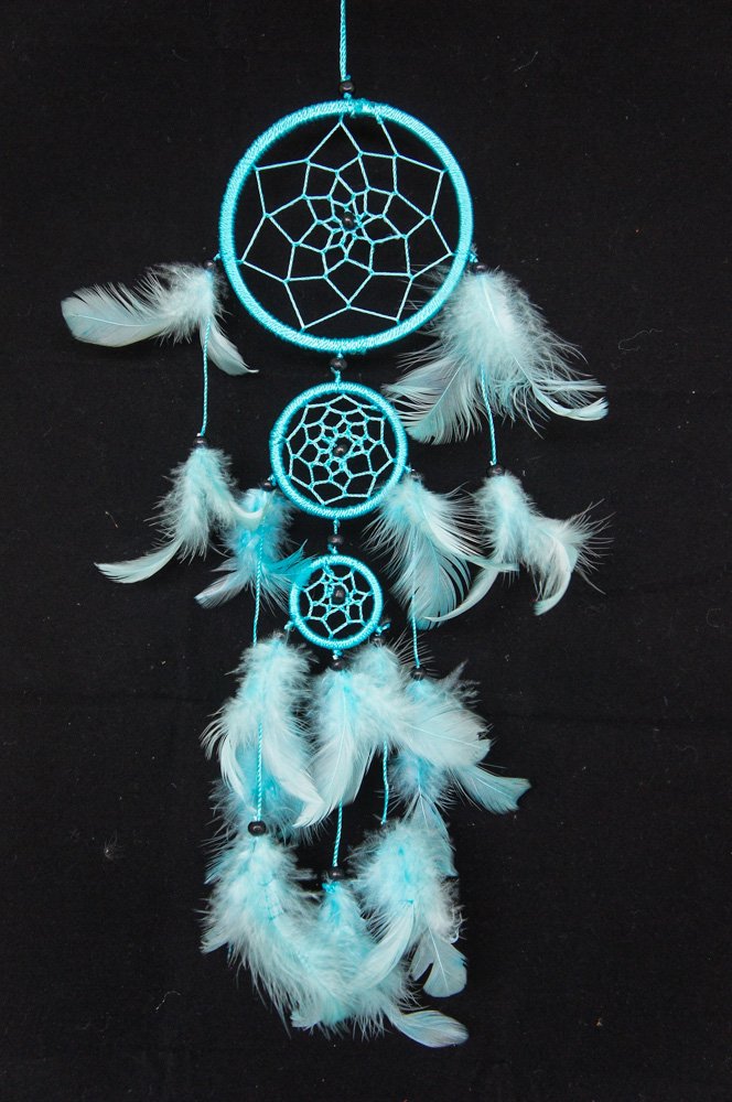 Sky blue Dream Catcher 3 Circles 3.5" Dia 16" Long Feather Decoration Hanging Craft
