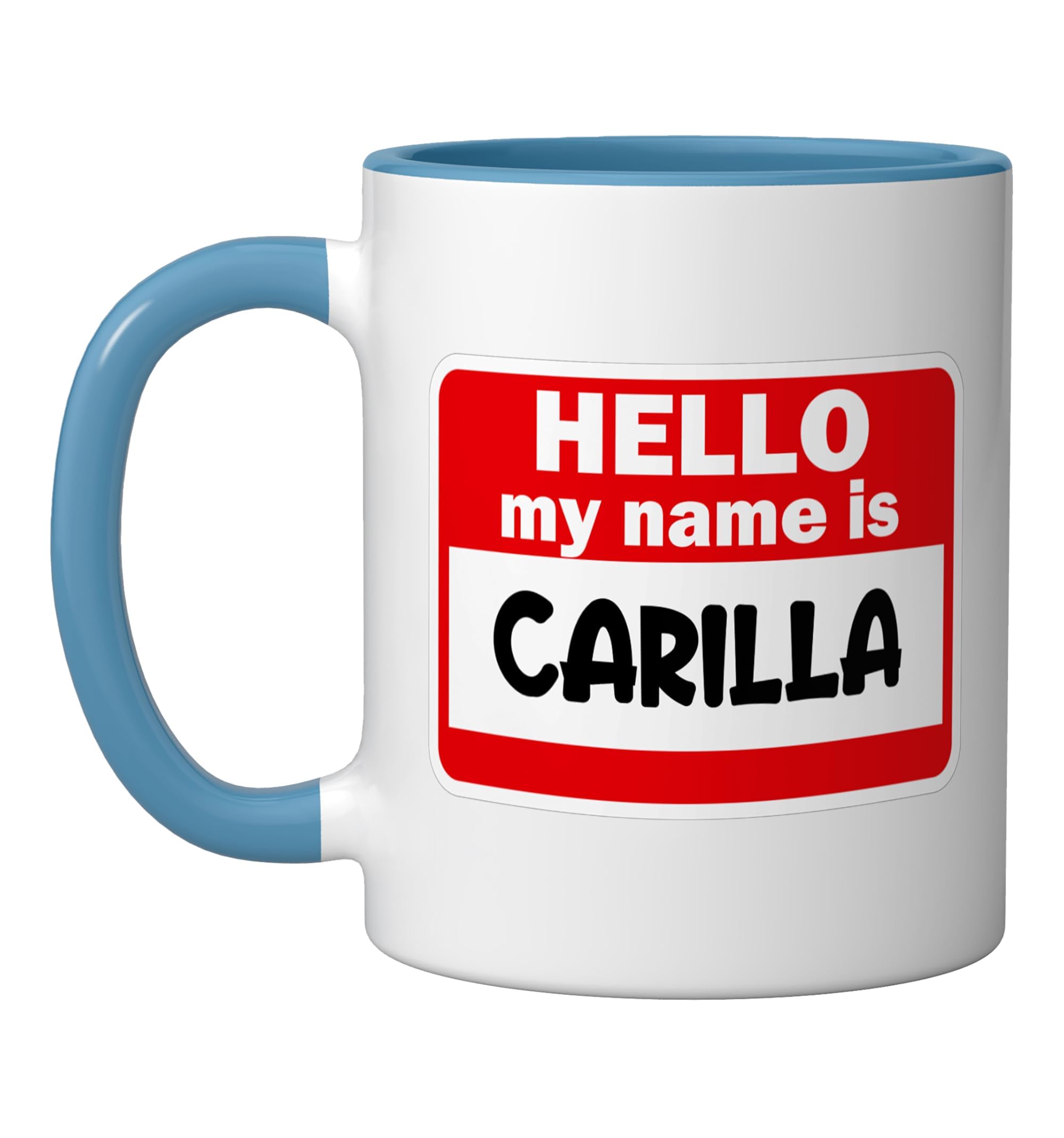 Carilla Hello Hi My Name Is Tshirt Name On Custom Ceramic Mug, Blue/White