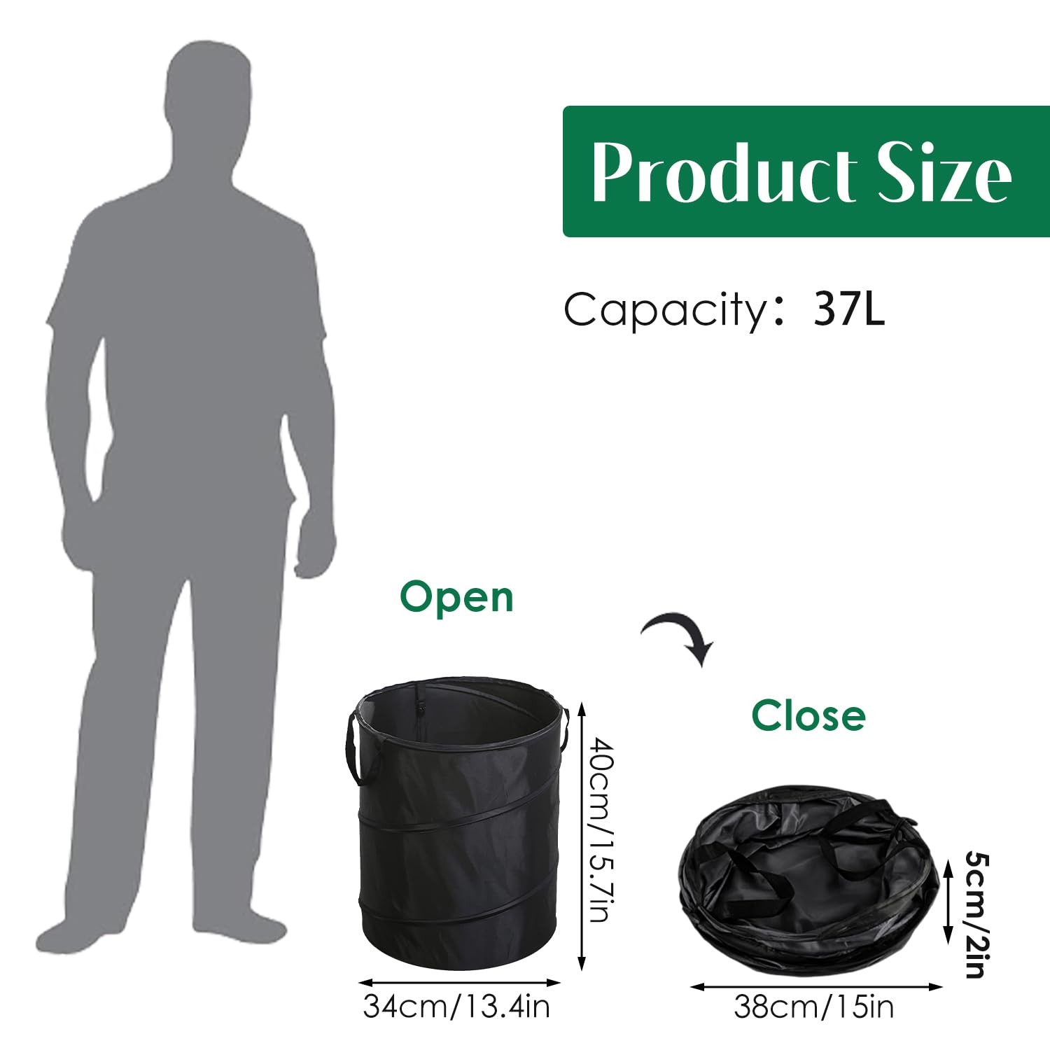 Tissting Pattumiera da Campeggio 34 Diametro 10 Galloni Modello a Clip Grande Tessuto Oxford Verde Scuro Sacco per Rifiuti Pieghevole Pattumiera da Campeggio Portatile per Balcone Gar Camping(Nero)