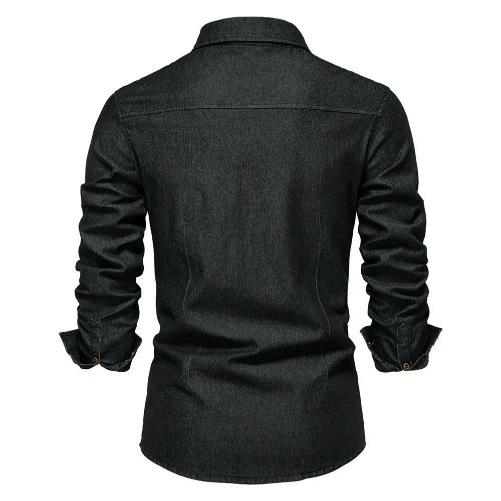 ZBDP Camicia in denim di cotone elastico da uomo a maniche lunghe in tinta unita camicie da uomo casual slim fit abbigliamento da uomo