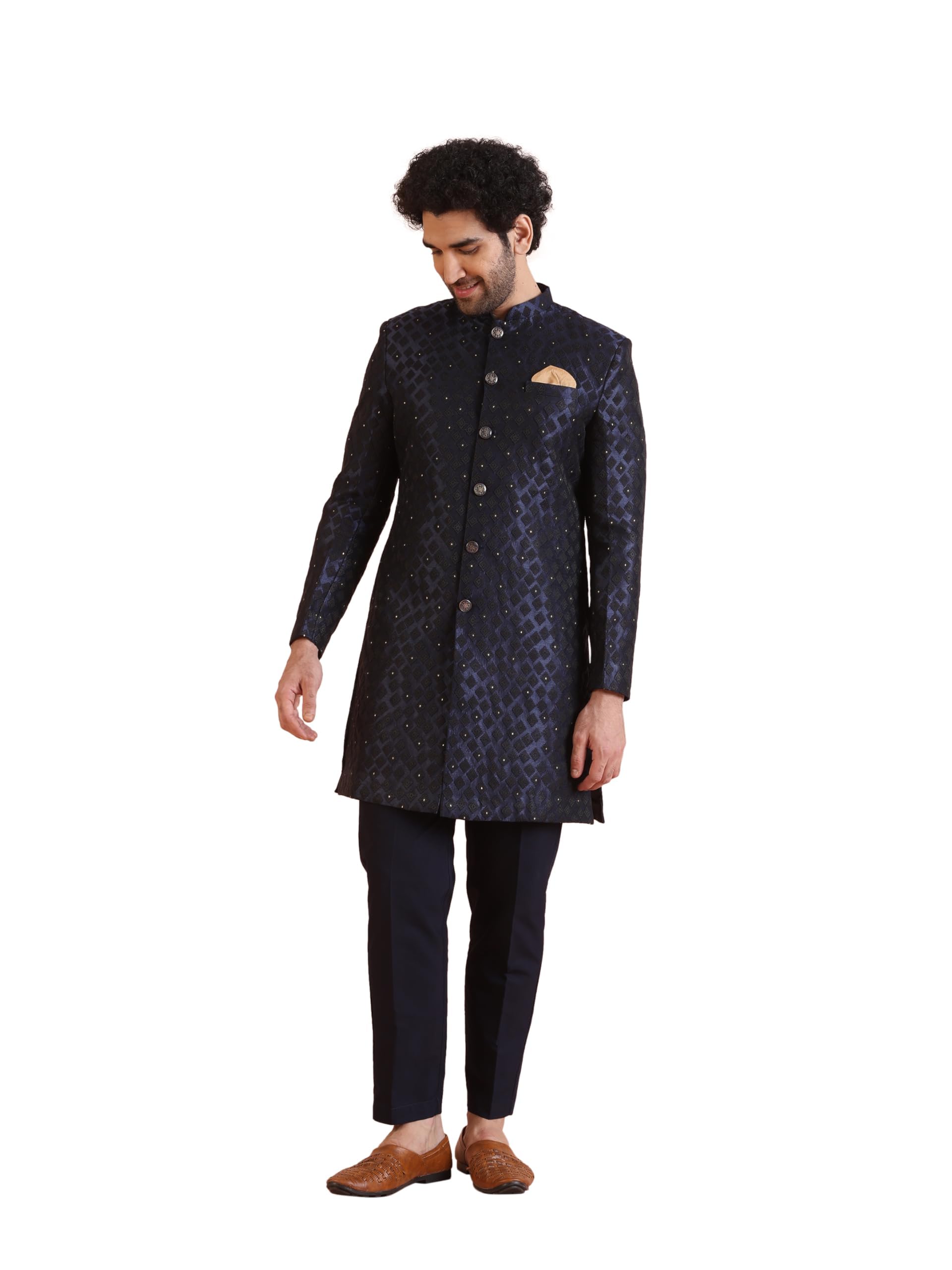 kisah Men's Sherwani Trouser Set, Indo-Western Blue Jacquard, Woven Design Regular Fit Mandarin Collar Long Sleeves-picture-17