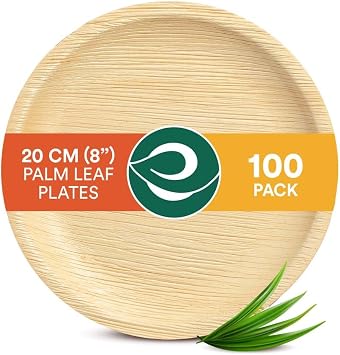 ECO SOUL Palm Leaf Plates 8 20cm 100 Round Bamboo Plate I Eco Friendly, Biodegradable, Compostable Heavy-Duty Plate, Disposable Plates for Dinner, Party & Events