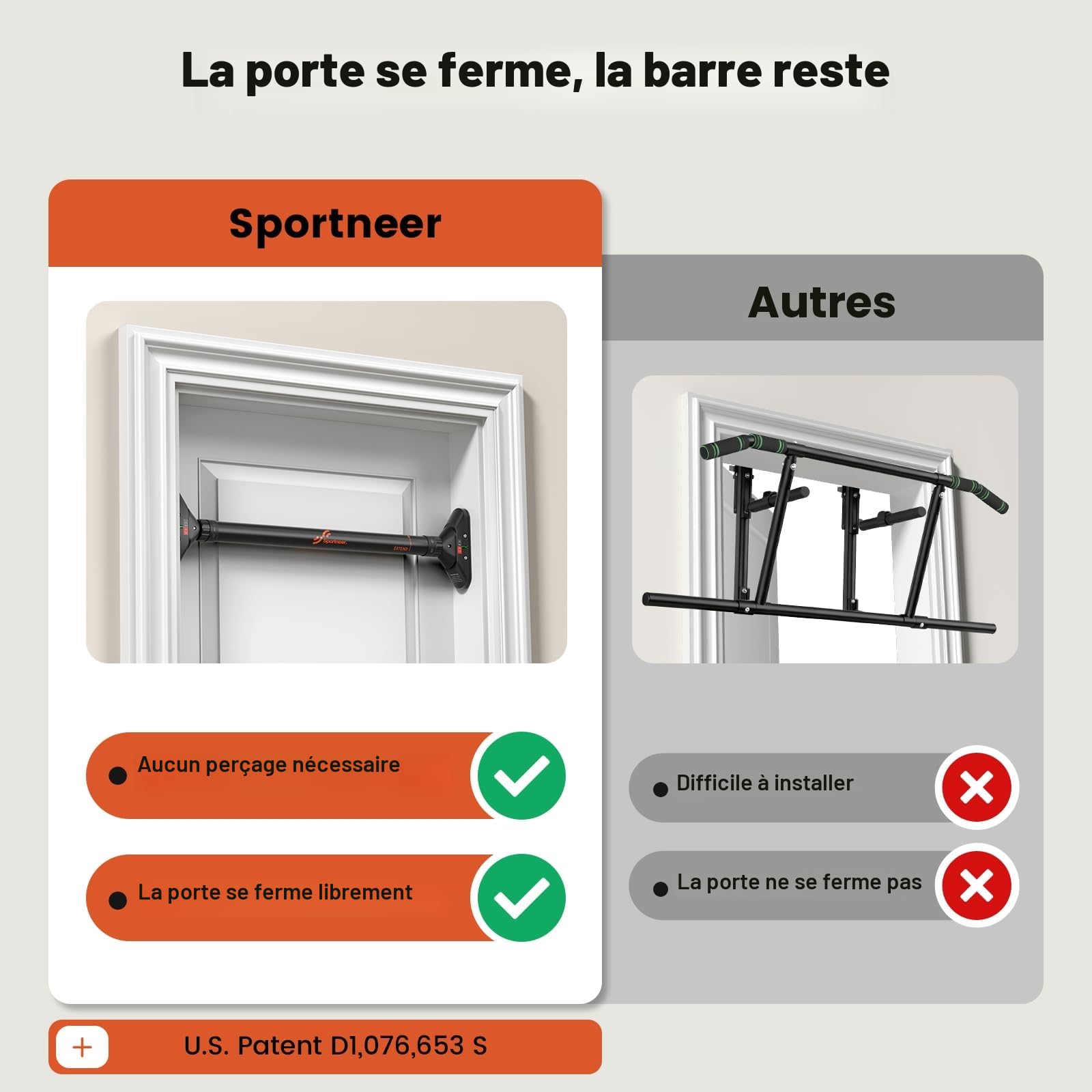 Sportneer Barre de Traction pour Porte sans vis - Barre de Traction réglable de 75 à 94 cm - Jusqu'à 200 kg