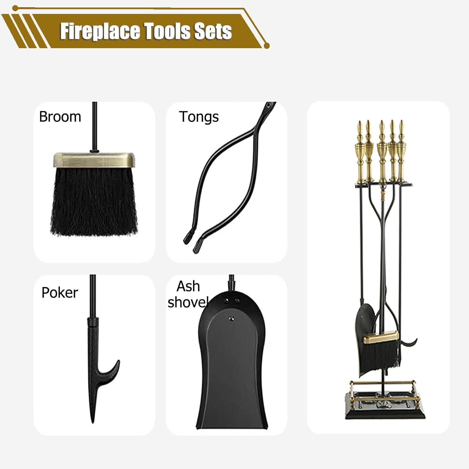 Set Attrezzi per Camino 5 Pezzi, Base con Attizzatoio, Pinza, Paletta E Scopa,Metallo,Strumenti per Camino in Ferro Battuto Nero E Accessori per Caminetto per Interni,Ottone,31.8in