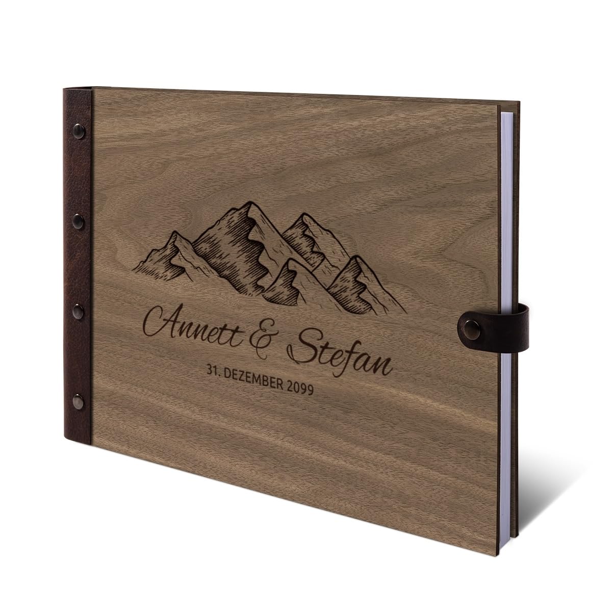 Personalisiertes Hochzeit Gästebuch echtes Holz DIN A4 Hochzeitsbuch mit Lasergravur - Berge - mit 72 Blatt / 144 Seiten Naturpapier Weiß
