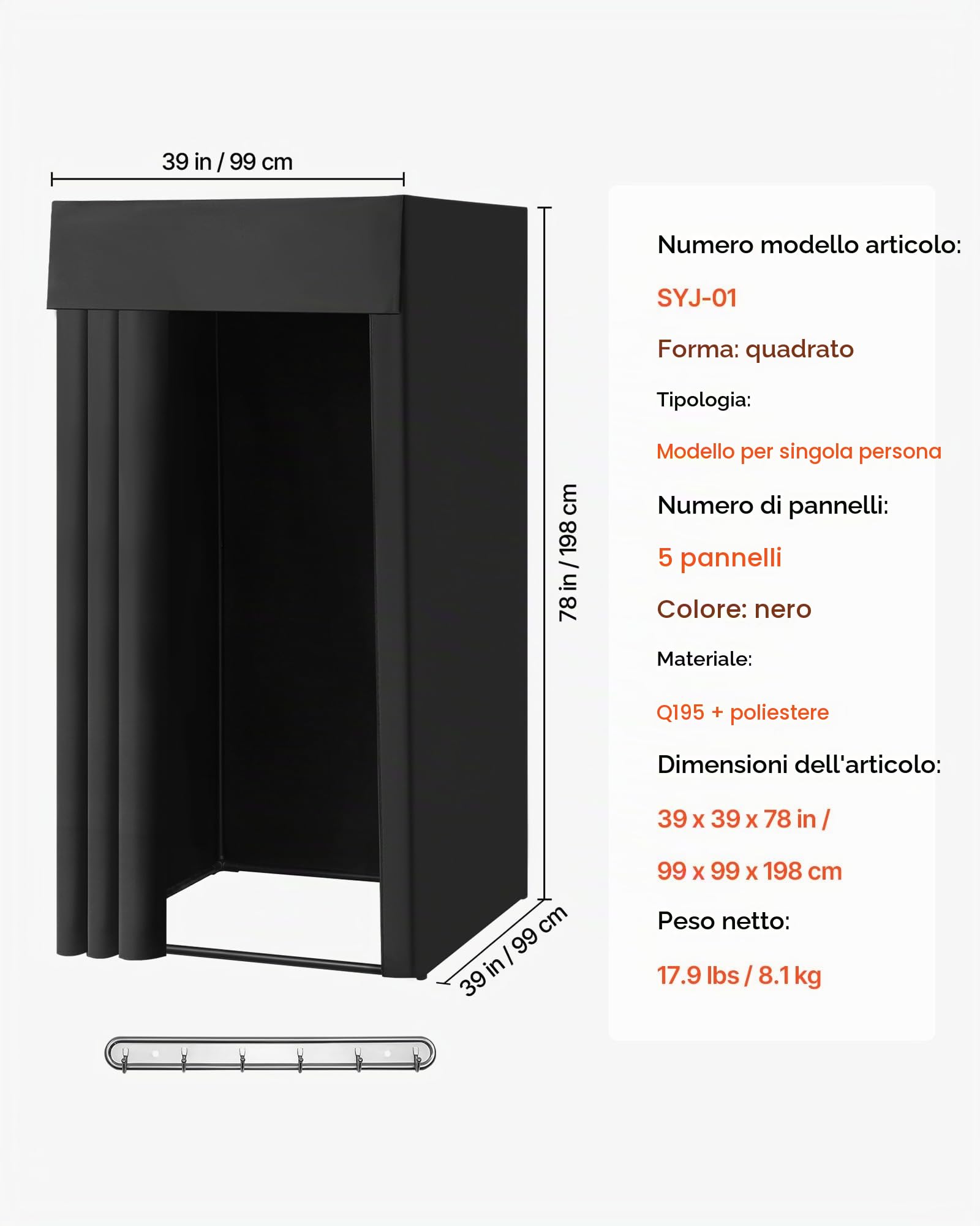 VEVOR Camerino di Prova 99 x 99 x 198 cm Spogliatoio Portatile Mobile con Tende Spesse in Poliestere, Tenda Ombreggiante e Gancio, per Boutique, Centri Commerciali e Attività all'Aperto, Nero
