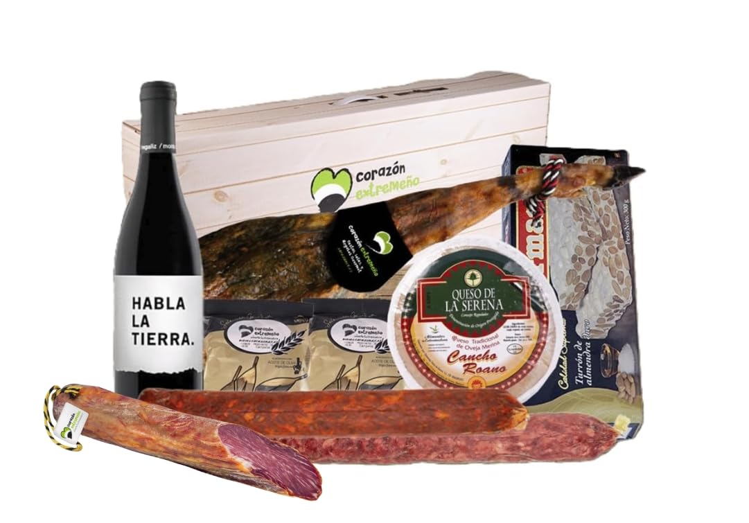 Cesta de Regalo para Navidad con Jamón Ibérico Cebo, Caña de Lomo Ibérico, Torta de la Serena, Vino Habla de la Tierra – Corazón Extremeño