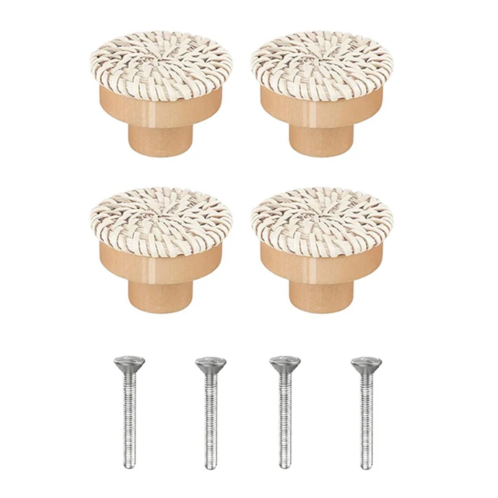 UBOHUZ 4Pcs Rattan Dresser Knobs Round Wooden Drawer Handmade Wicker Woven and Screws for Furniture for Cupboard, Wardrobe(White-4pack)