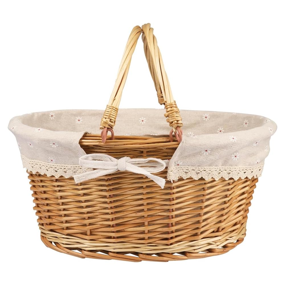 Aundhegrtt Large Multipurpose Wicker Basket with Handle,Wicker Picnic Basket with Liner,Empty Gift Basket,Oval Willow Woven Basket
