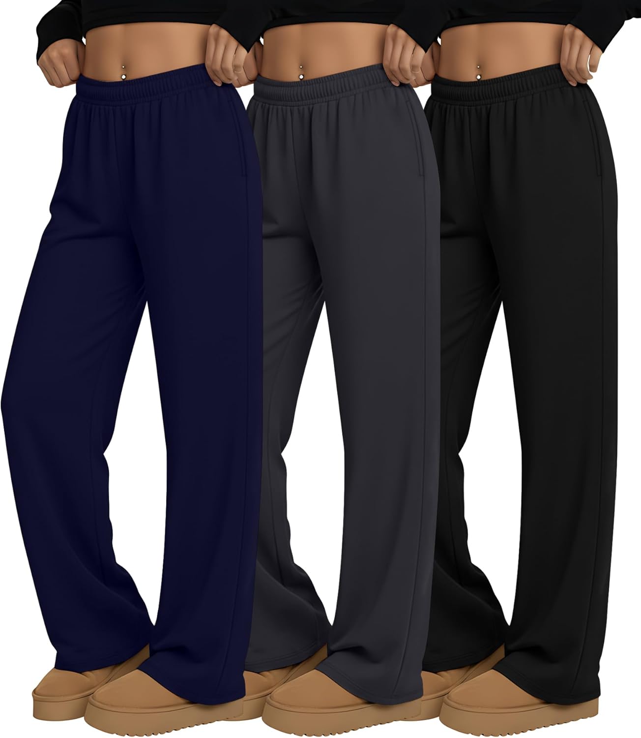 3 Pack Women's Wide Leg Sweatpants Interior Drawstring Baggy Sweatpant High Waisted Casual Jogger Pant with Pocket