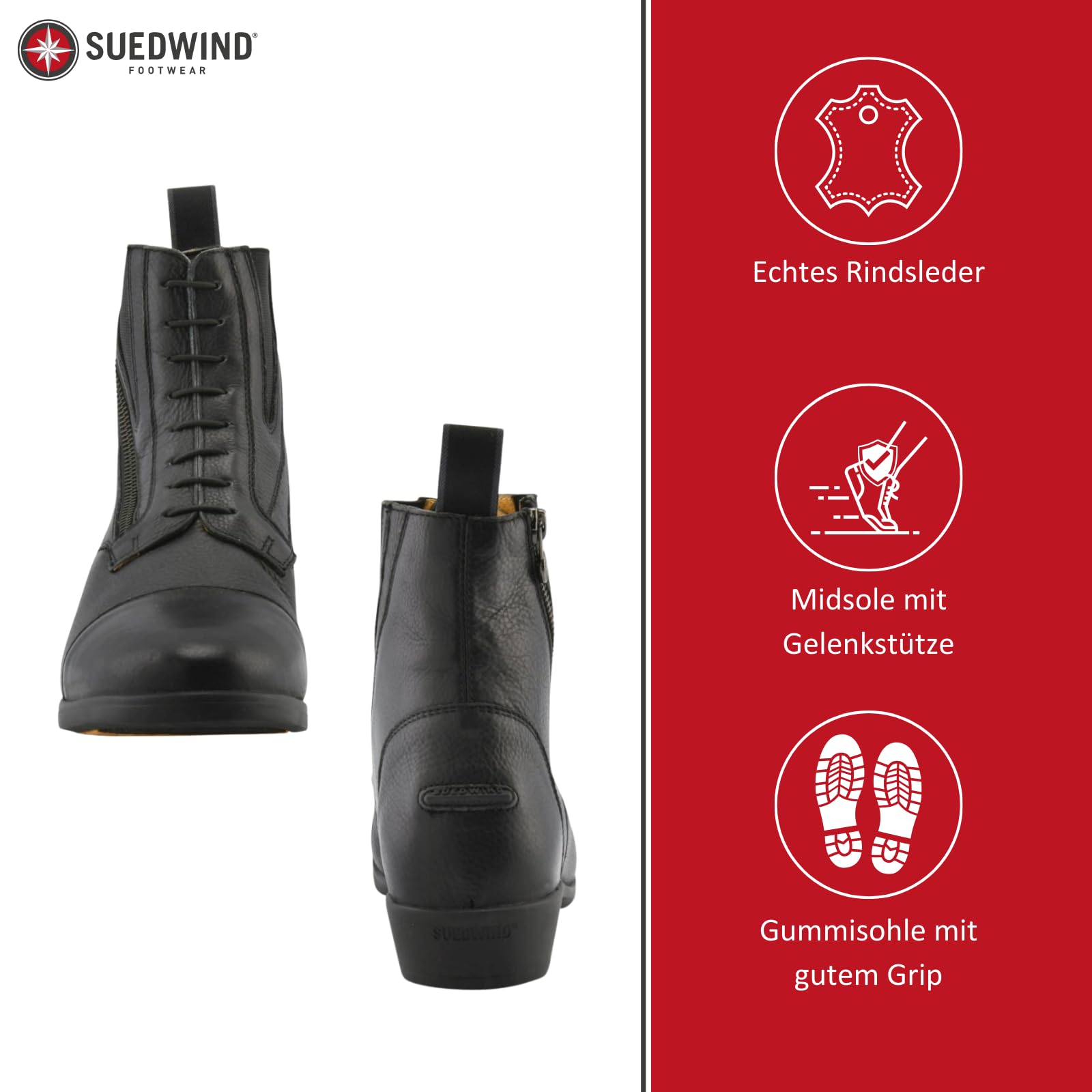SUEDWIND FOOTWEAR Reitstiefeletten Advanced II SZ Soft – Damen Jodhpur Stiefeletten – Innenfutter, Marken-Reißverschluss & Gummisohle – Leder Chelsea Boots – Schwarz – Gr. 36-43