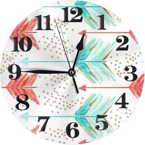 Reloj de pared redondo de 10 pulgadas, silencioso, sin tictac, funciona con pilas, reloj de escritorio silencioso, flechas coral y verde azulado