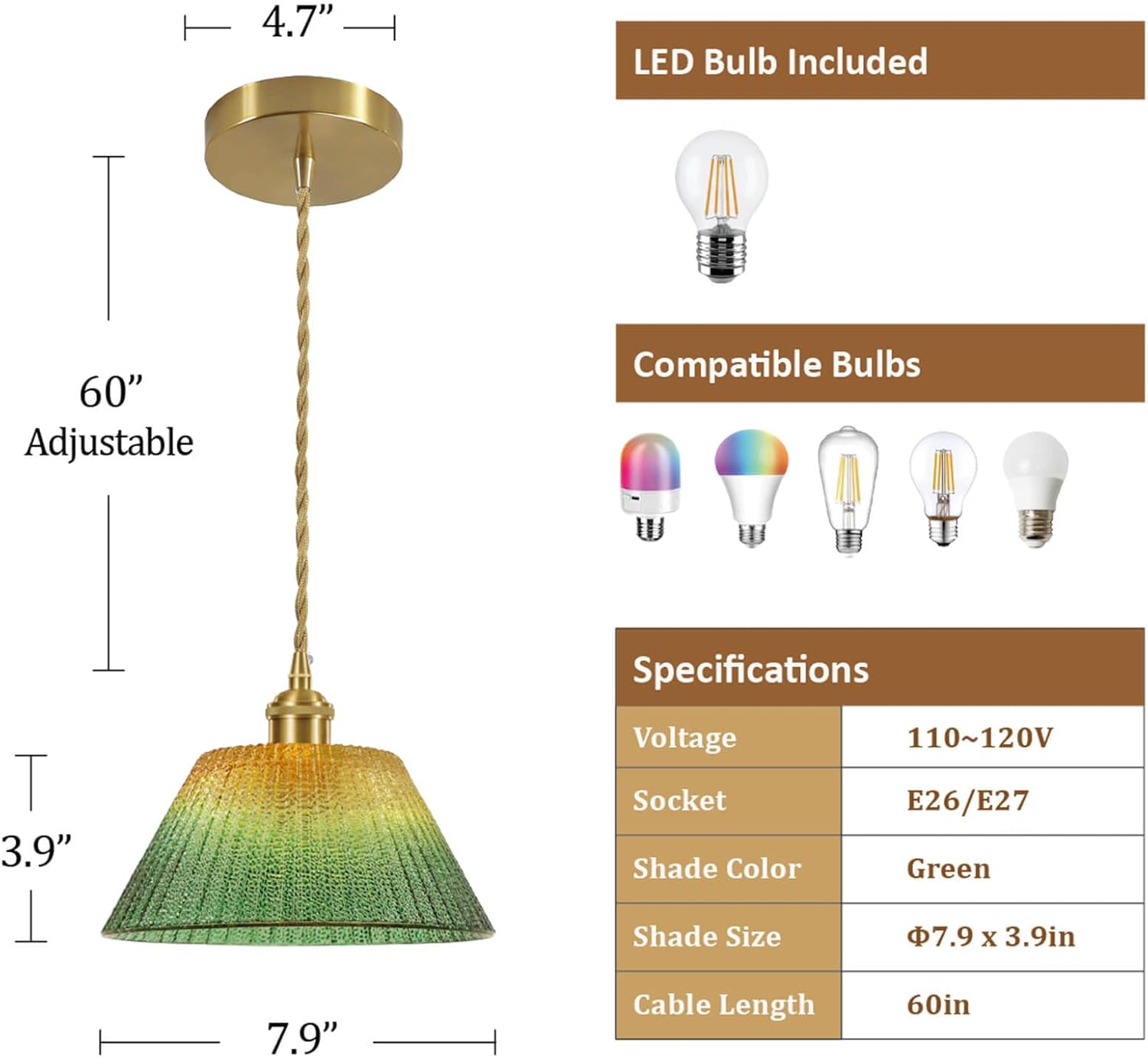 Glass Pendant Light Fixtures Adjustable Hanging Lamp, Gold Green Glass Pendant Lights Kitchen Island Dining Room Hallway Bedroom Living Room, LED Bulb Included