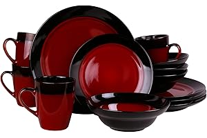 Elama Round Stoneware Two-Toned Dinnerware Dish Set, 16 Piece, Bright Red and Black