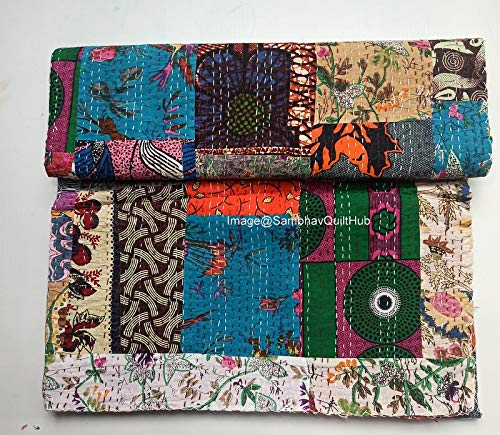 Cobija reversible con estampado de retazos florales para cama Queen/Twin/King, colcha india Kantha con costuras étnicas, colcha bohemia floral Kantha (90 x 108 pulgadas)