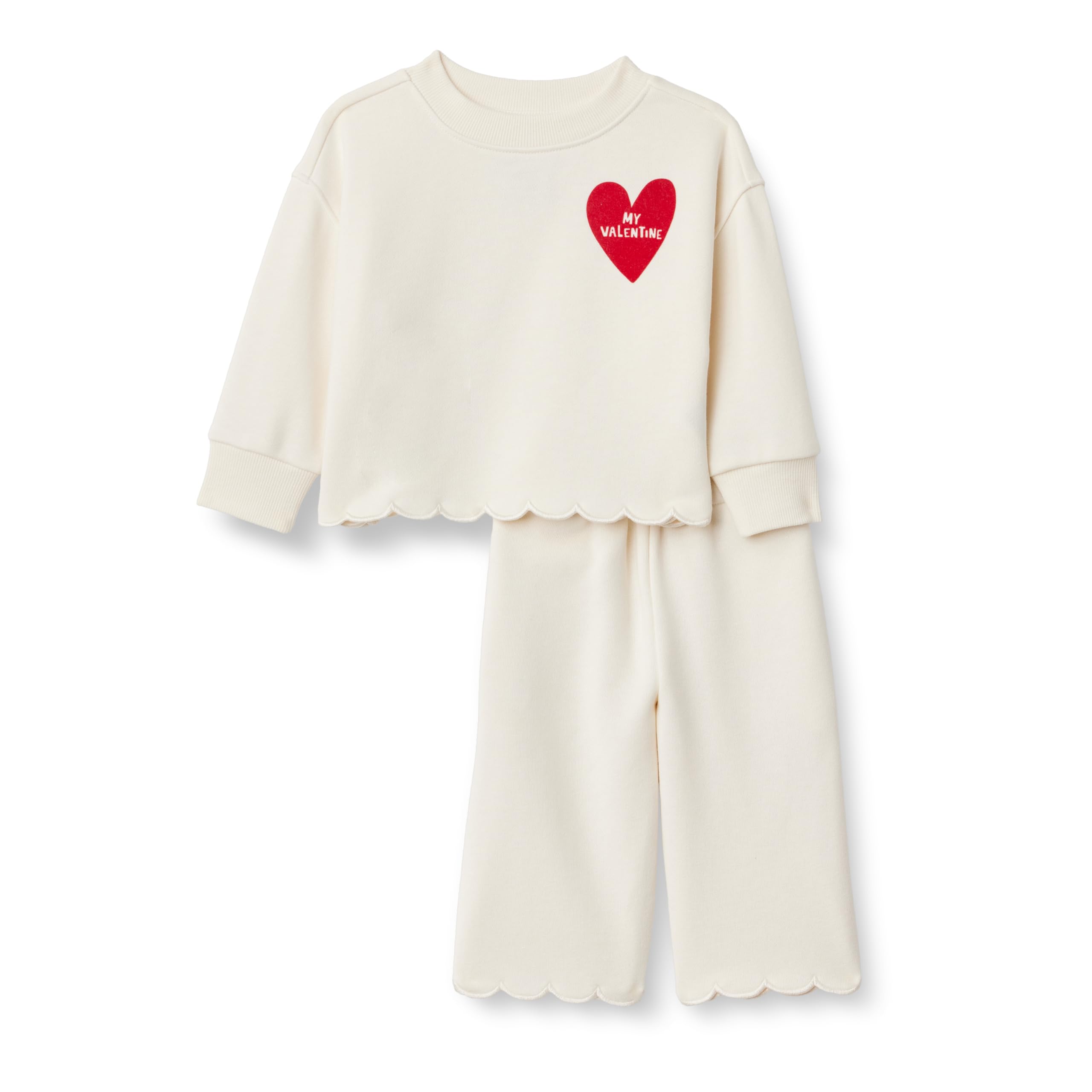 Amazon Essentials Toddler Girls' French Terry Sweatshirt Pant and Top Set, Ivory Red Valentine, 2T