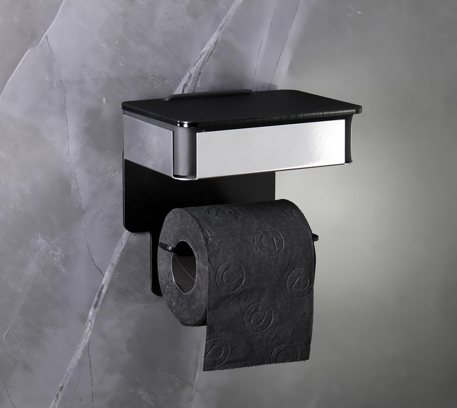 Toilettenpapierhalter mit Feuchttücherbox – 2-in-1 Wandhalterung mit Klebepads, hygienisch & bohrfrei, weiche Form (Schwarz/Edelstahl poliert, Rolle von Links befüllbar)