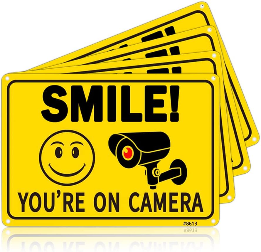 4Pcs Smile You're On Camera Signs - Aluminum, UV Ink Printed, Outdoor Video Surveillance & Security Camera Signs for Property - Orange with Black Font, 7x10 Inches, 4 Pre-Drilled Holes - Ideal Home