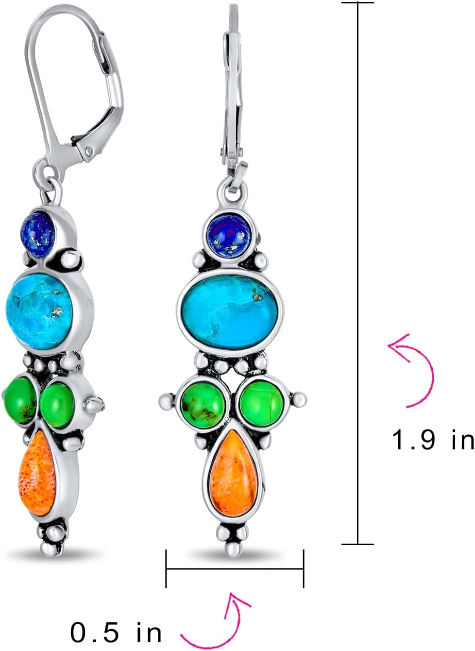 South West Native American Style Feather Leaf Earrings With Squash Blossom Turquoise Coral Gemstone Western Jewelry for Women Teen .925 Sterling Silver Lever Back - Image 4