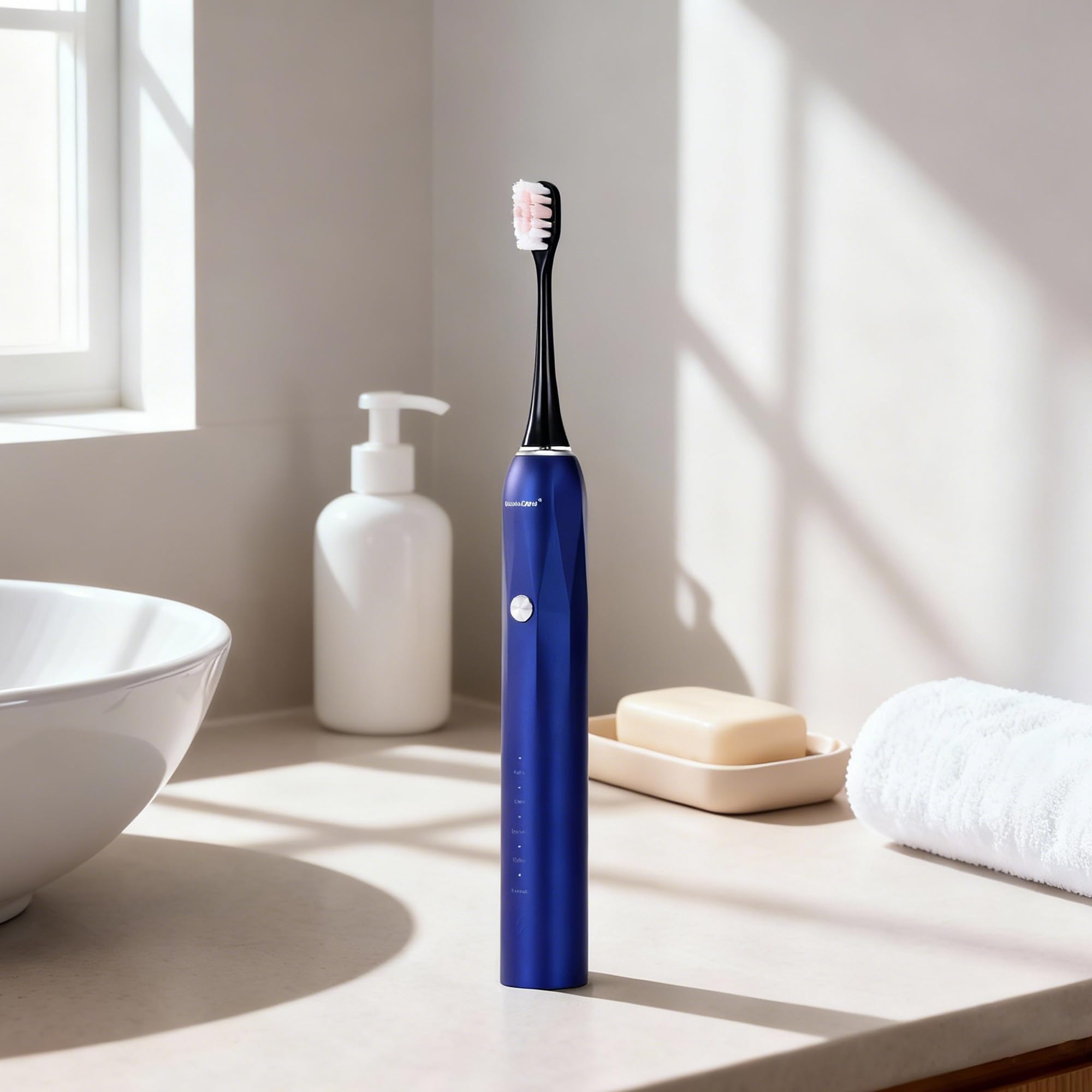 Spazzolino elettrico Sonic per adulti, 5 modalità (sbiancamento/pulito/sensibile/lucidatura/massaggio), impermeabile IPX7, durata della batteria 30 giorni, include 6 testine (blu)