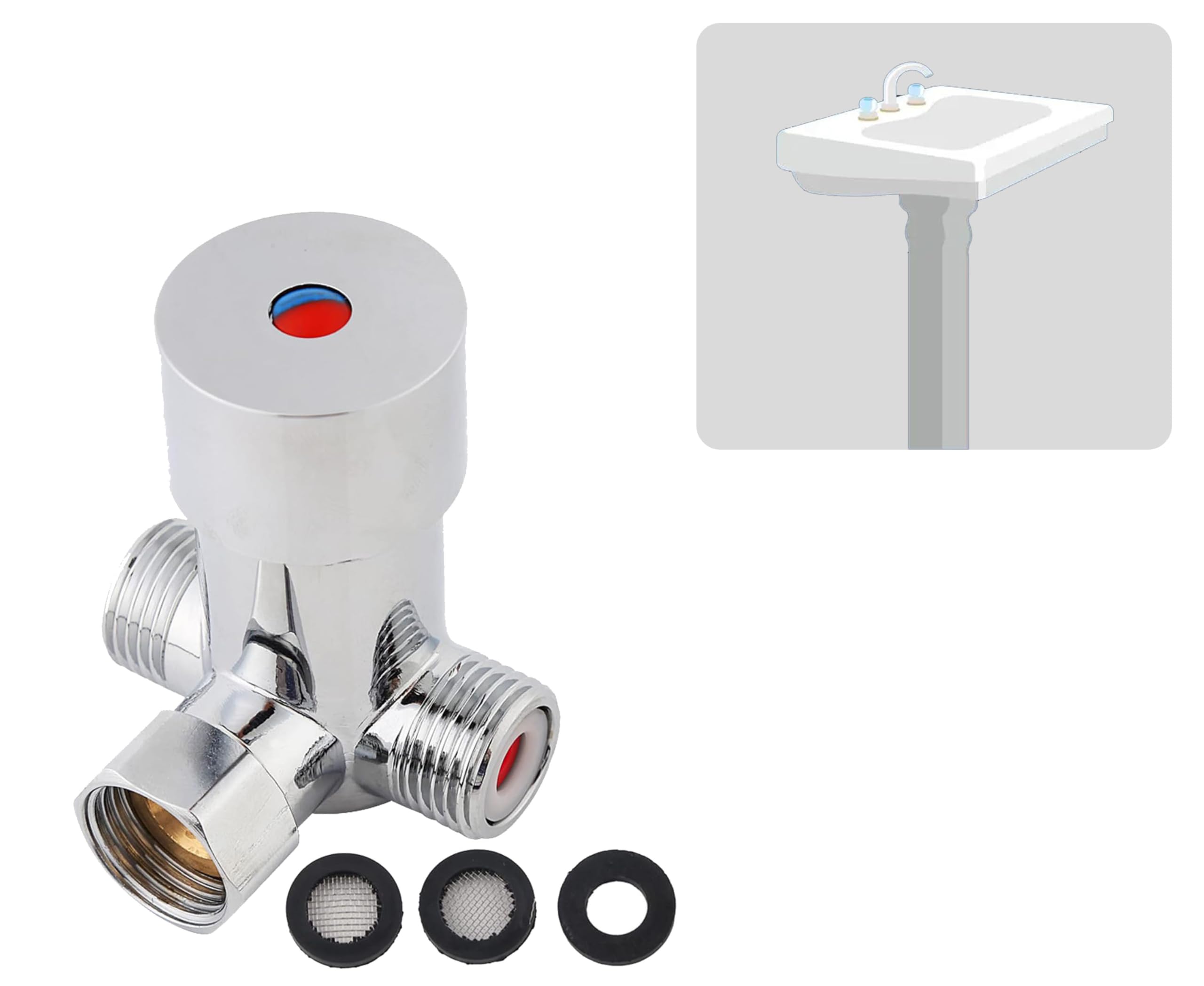 Rannyy G1/2 Thermostatic Water Mixing Valve, 3-Way Thermostatic Mixer Temperature Control Valve, Hot Cold Water Mixing Valve Aus Brass For Bathroom Automatic Touchless Faucet For Bathroom Washroom Kitchen Size 0.4188782978