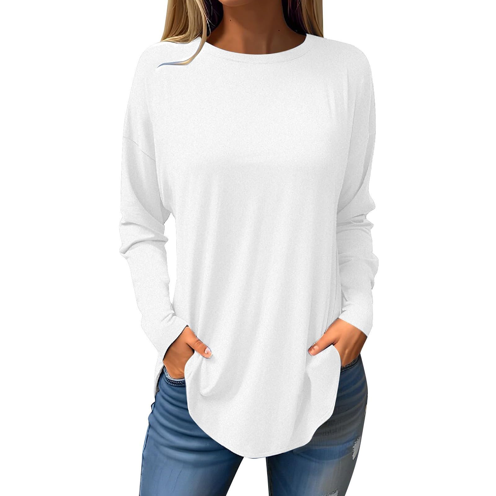 Womens T Shirt Casual Long Sleeve Crew Neck Shirts Basic Loose Tee Solid Color Fashion Plus Size Pullover Tops Blouse