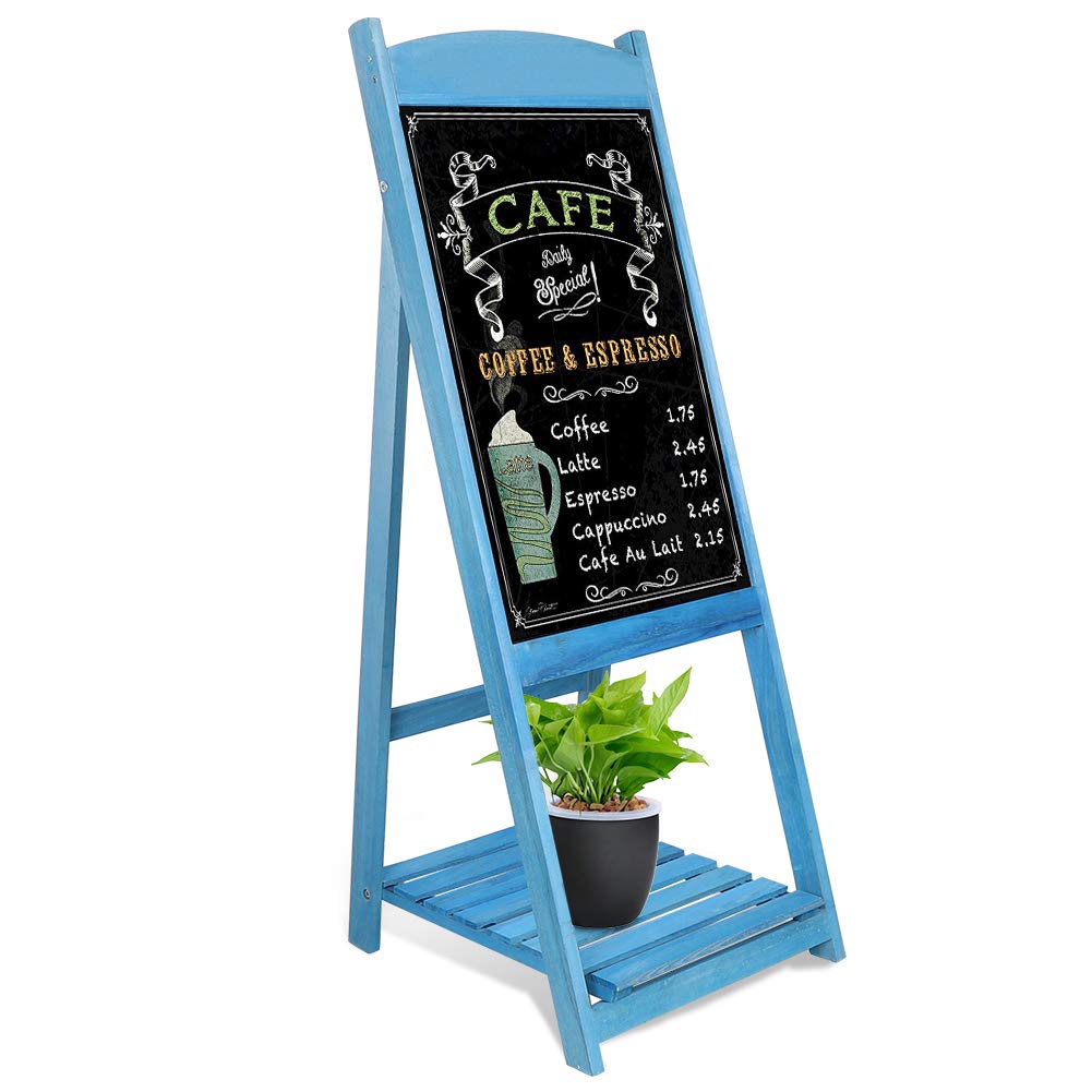 Free Standing Chalkboard Easel Stand, Wooden Chalkboard Sign with Display Shelf Vintage A Frame Chalk Board 40X44X110CM
