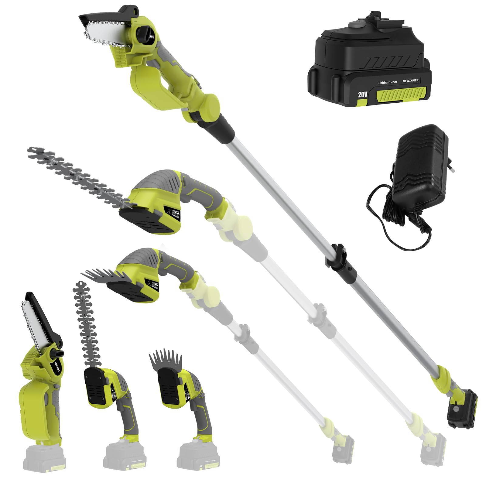 DEWINNER Taille-Haie 3 en 1 Télescopique - Tronçonneuse Électrique avec Interrupteur de Sécurité, Portée Jusqu À 2,54 m, Lames de 240 mm et 120 mm, Tête Orientable À 135°