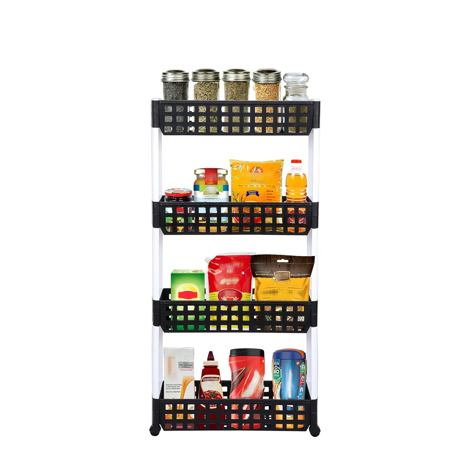 Cutting Edge Essentials Multipurpose Slim Shelf Rack for Kitchen Storage Organizer for Fruits, Vegetables/Slide Out Trolley with Wheels for Home, Bedroom, Living Room, Bathroom - 4 Layer, Black-image-34