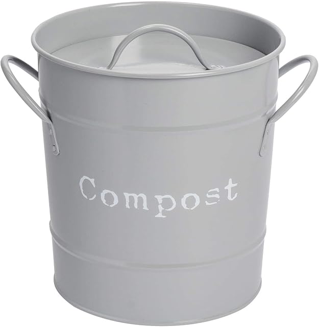 Harbour Housewares 1x Grey Indoor Kitchen Compost Bin - Vintage Style Steel Storage Food Waste Bucket - Removable Bin Liner Inner