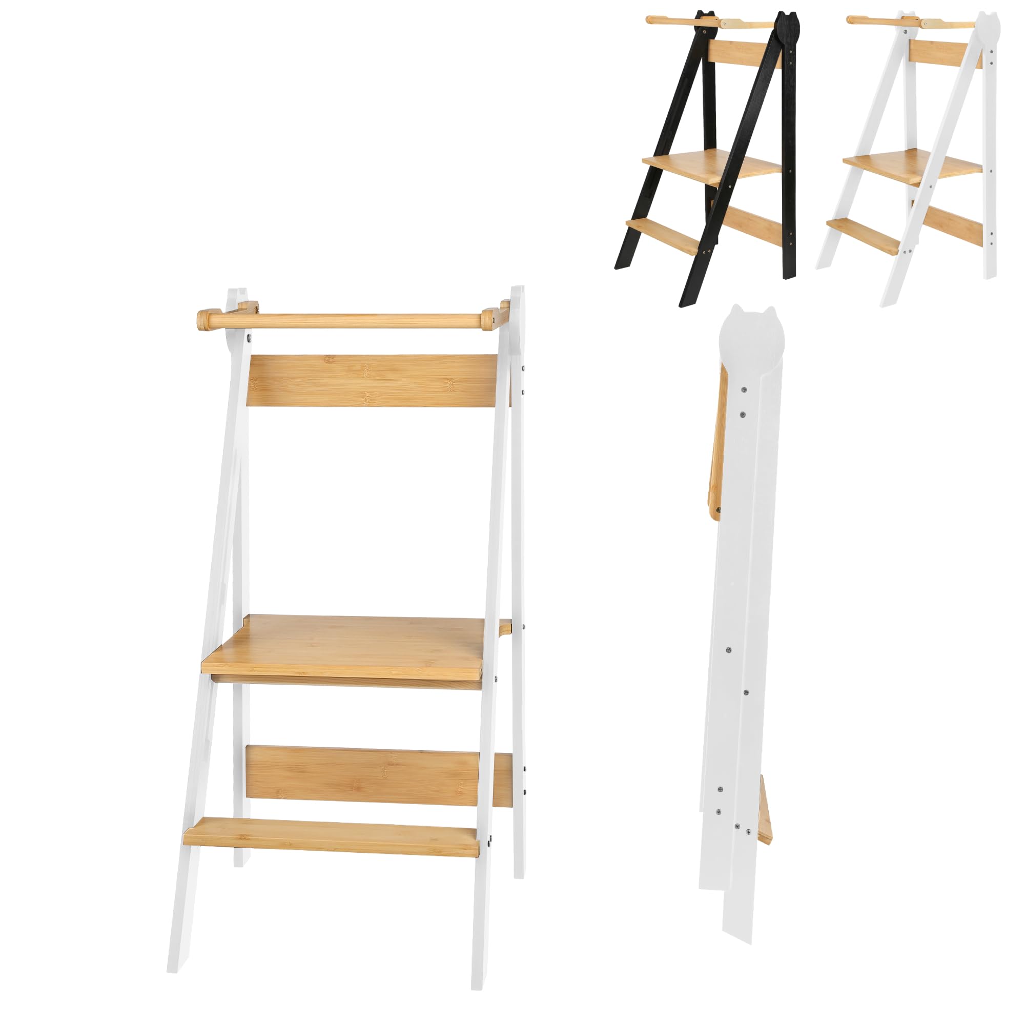 Torre Montessori plegable con patas anti-Bascular torre de observación Montessori con rieles de seguridad torre de observación infantil ajustable en altura sobre pisos (blanco)