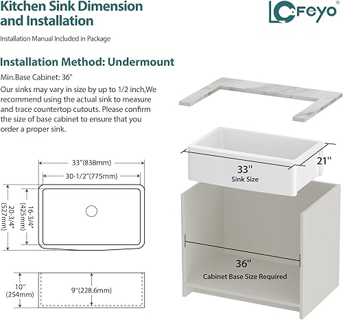 Miniatura 7 de Fregadero de cocina blanco de 33 pulgadas, delantal curvado frontal de arcilla refractaria de cerámica, porcelana, cuenco individual de cocina de