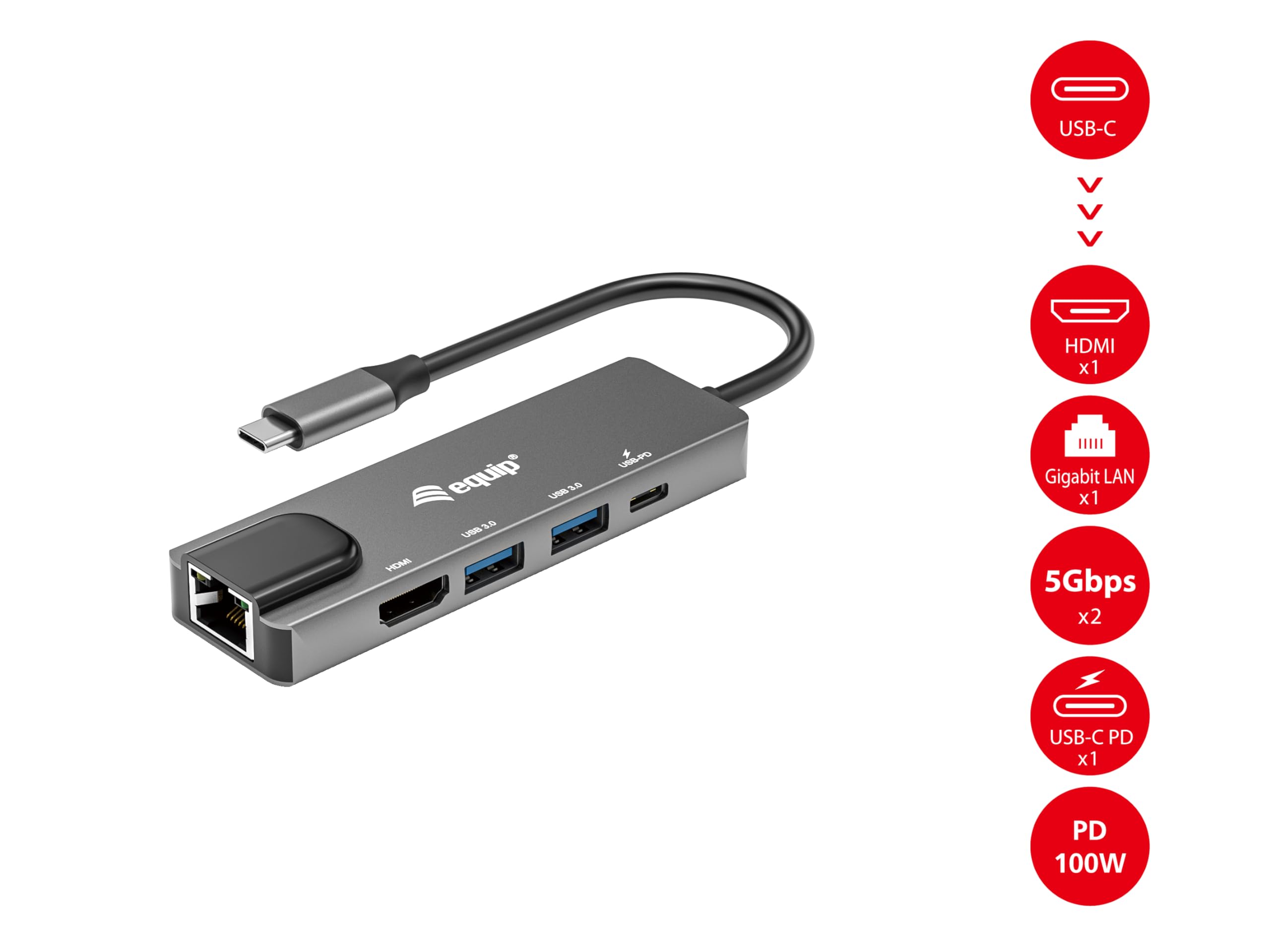 Equip 133489 USB-C 5 w 1 adapter wielofunkcyjny, HDMI, Gigabit LAN, USB 3.2 GEN1, 100 W USB PD