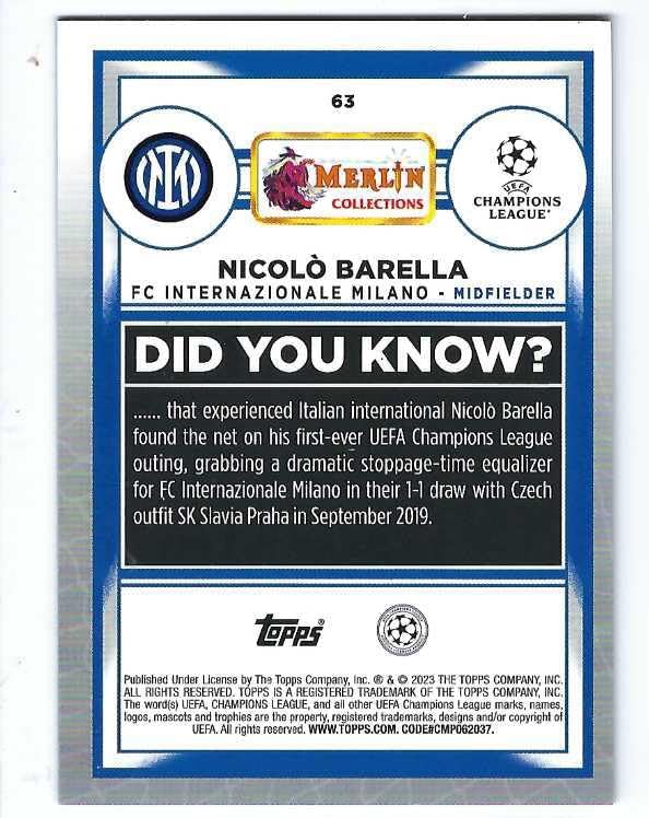 NICOLO BARELLA 2022-23 Topps Merlin UEFA Champions League Soccer #63 GOLD REFRACTOR PARALLEL Card #06 of only 50 Made! Italy FC Inter Milan Internazionale Milano