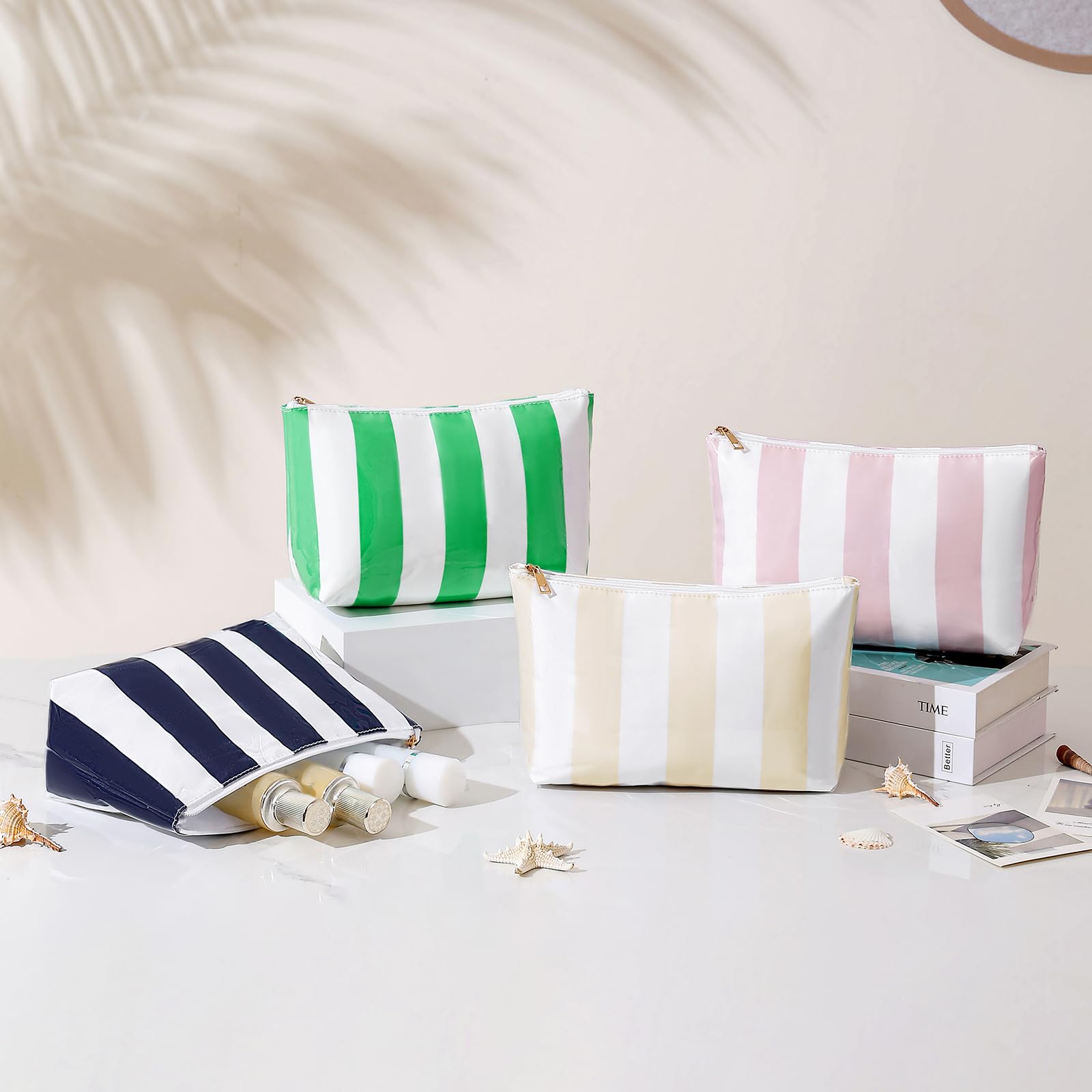 Grande borsa per il trucco a righe in PVC, impermeabile, con rivestimento trasparente, facile da pulire, organizer da viaggio con cerniera, borsa essenziale per vacanze al mare, per donne e ragazze