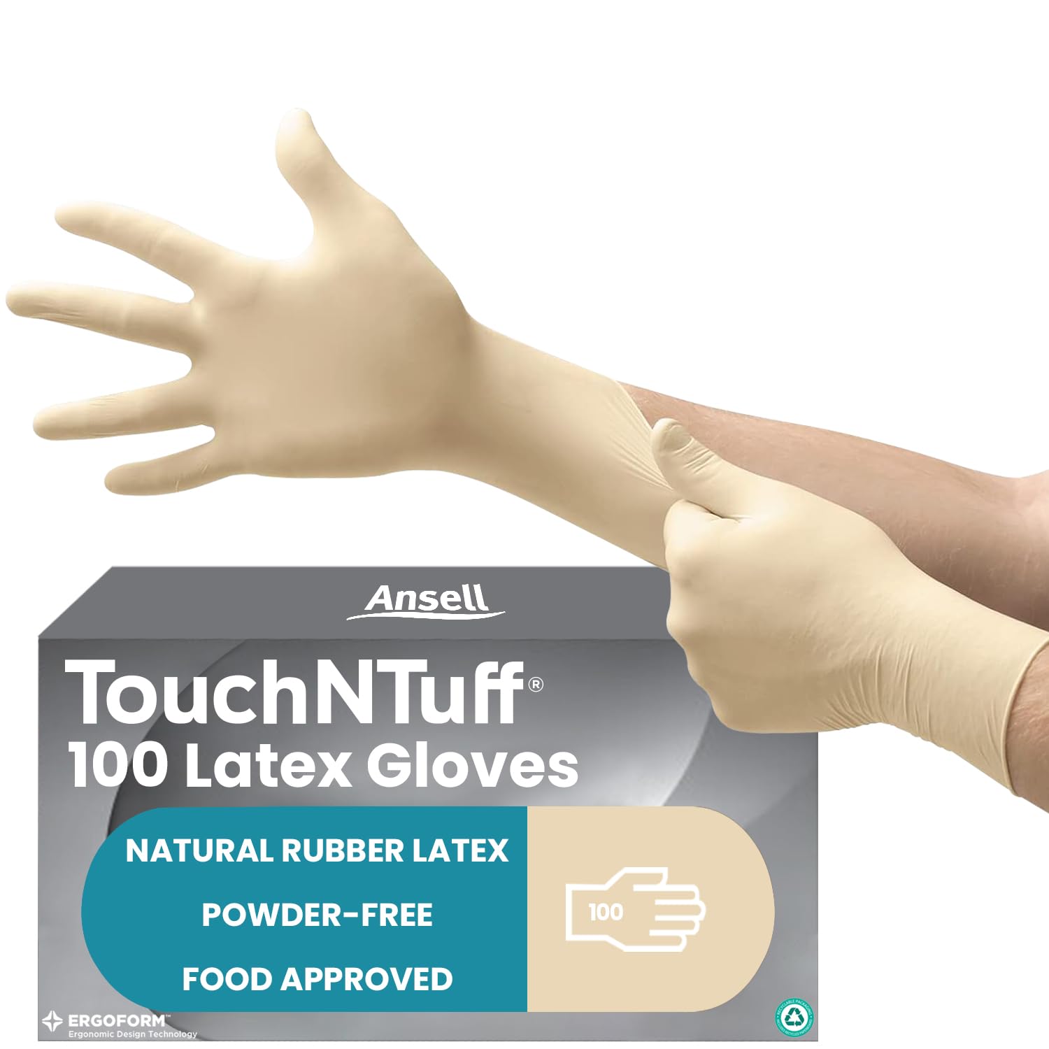 Ansell TouchNTuff 69-318 Disposable Latex Gloves with Textured Fingertips, Powder-Free and Food Certified, Multipurpose Professional Gloves, Industrial Safety, White, Size S (100 Gloves)