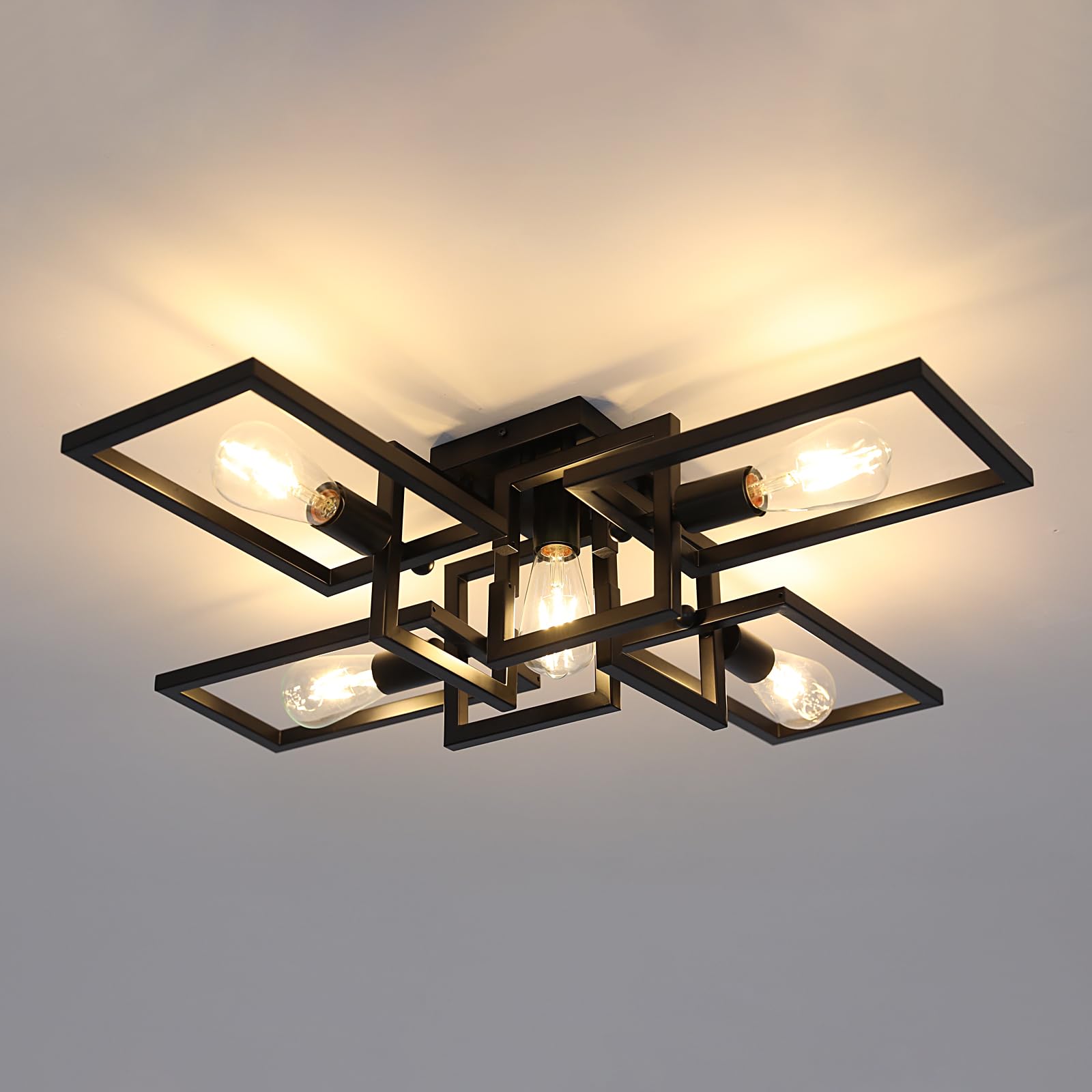 ZGLAOJT Black Industrial Semi Flush Mount Ceiling Light 5-Light Kitchen Light Fixtures Modern Large Matte Sputnik Chandelier for