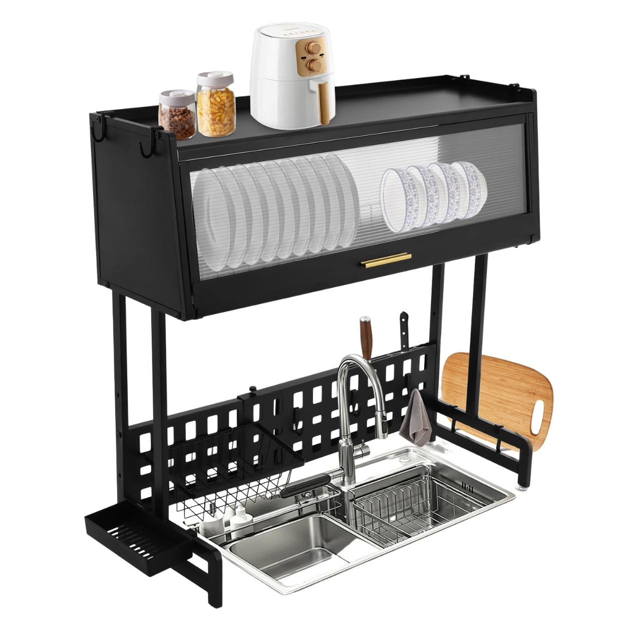 YESTAIM Escurridores de Platos con Bandeja de Goteo Estante Grande de 2 Niveles Tabla de Drenaje y Cubiertos Soporte para Tabla de Cortar sobre el Fregadero para Secadora