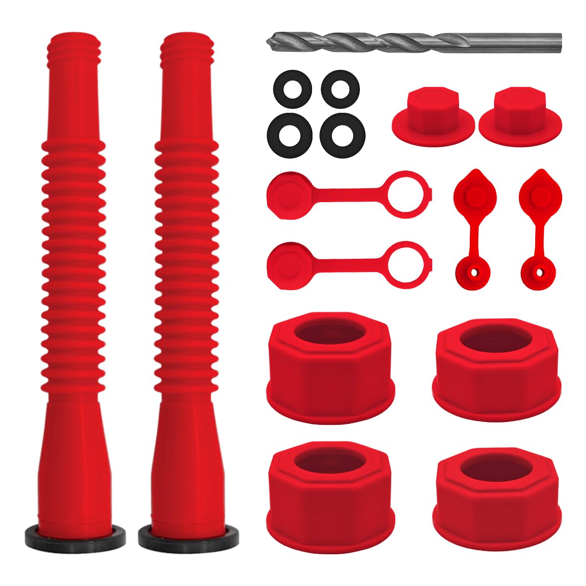 BELOMIGas Can Spout Replacement, 2 Kit with 4 Screw Collar Caps Gas Can Vent Caps, Thick Rubber Pad, Spout Cover, Base Caps and Installation Drill, PE Car Accessories Gas Can Nozzle(Red)