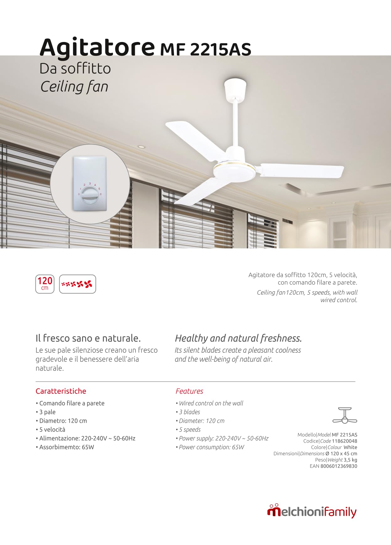 Generico Agitatore da Soffitto MF2215AS 120 cm con 3 Pale, 5 Velocità, Comando a Parete Filare, Motore 65W, Ventilatore da Soffitto Bianco 220-240V