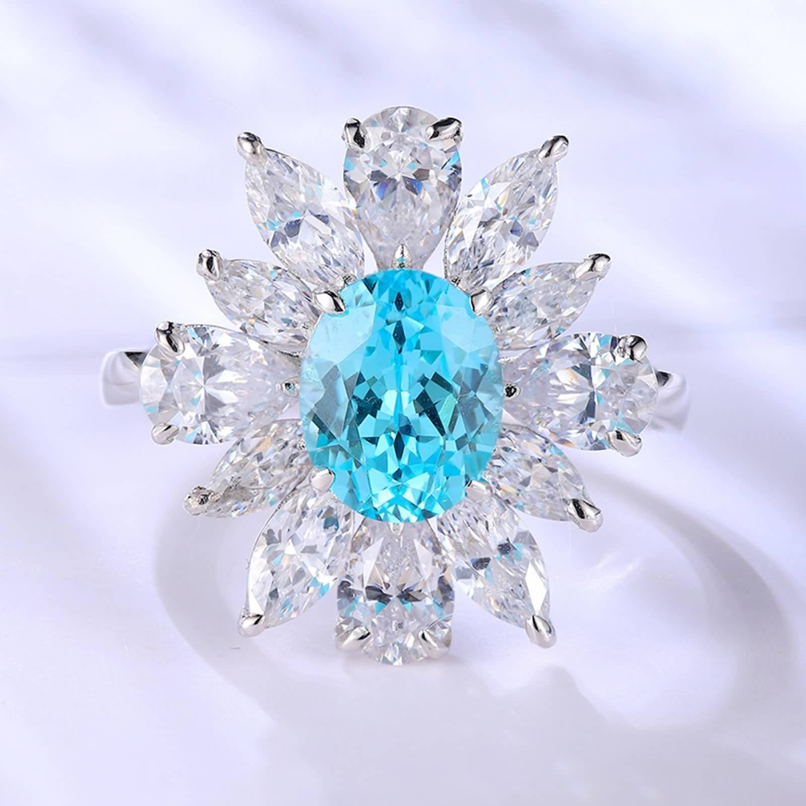 Anillo de compromiso de plata de ley para mujer, diseño de flor de moissanita y turmalina paraiba creada en laboratorio